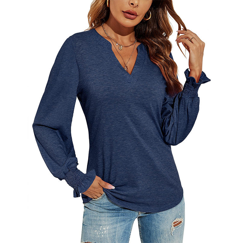 Wholesale Women's V-neck Patchwork Loose Solid Polyester Top